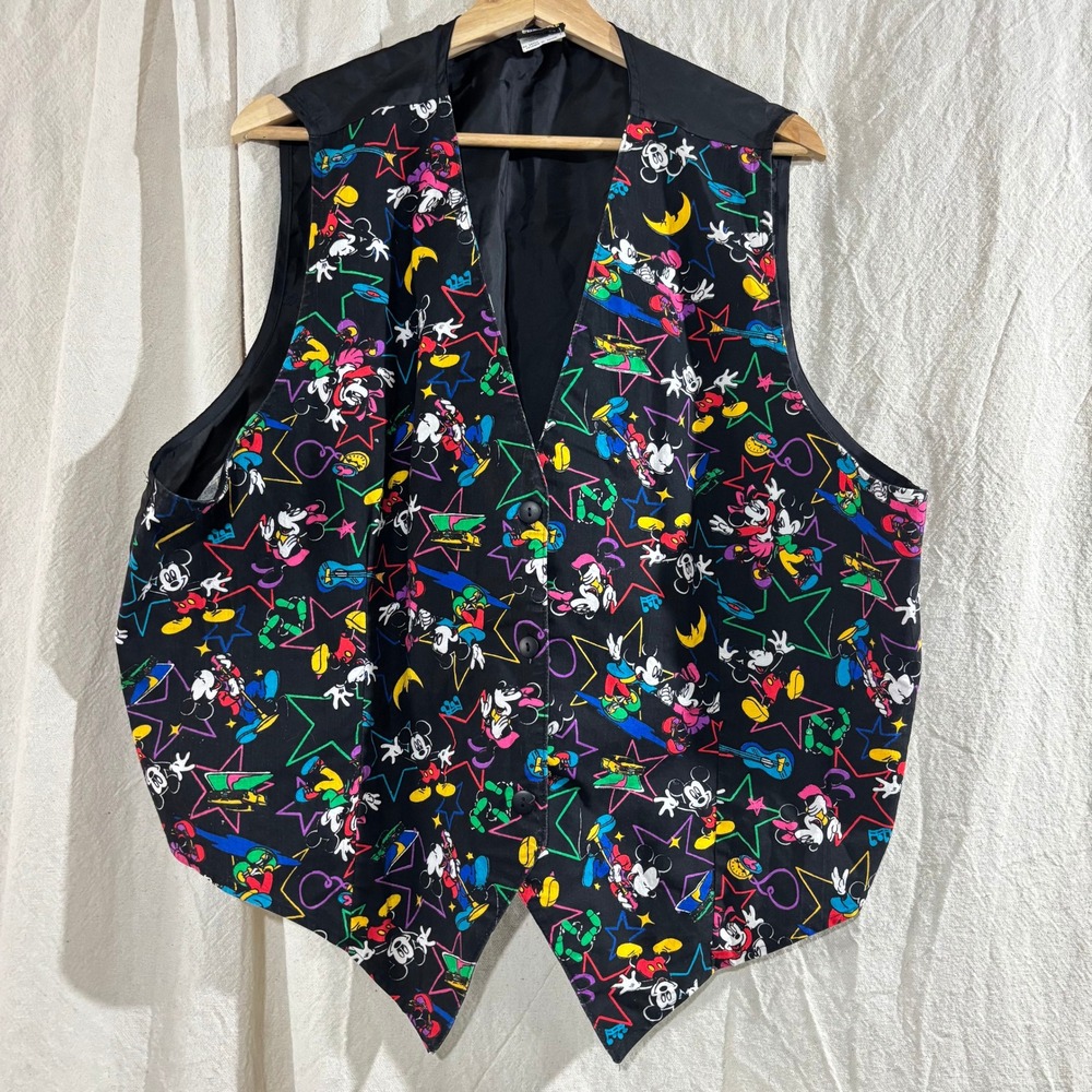 Vintage 90s Mickey Unlimited Disney Vest Women 24W Neon Stars Mickey Minnie USA